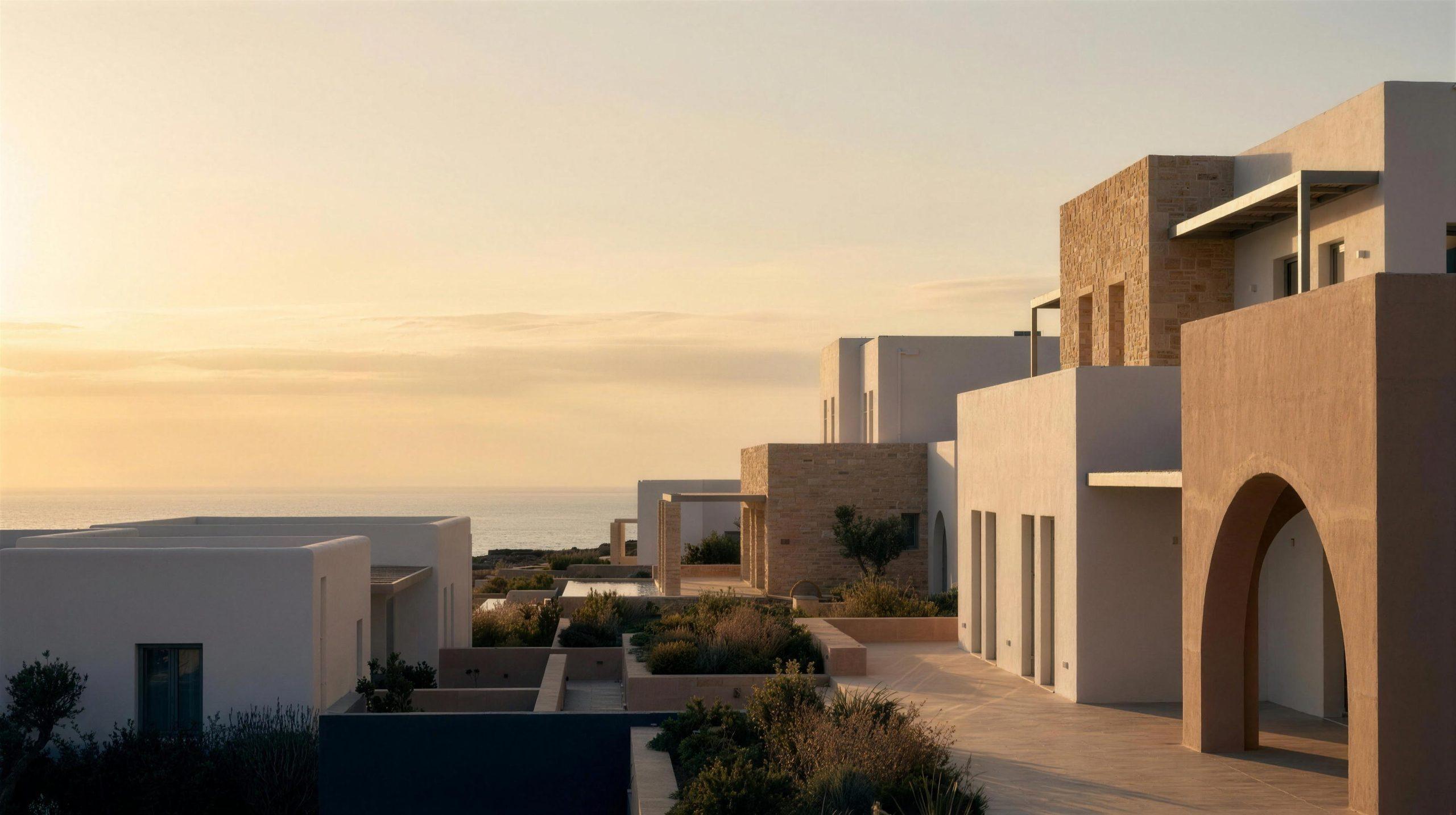 Minimalist Mediterranean architecture at golden hour, overlooking the sea